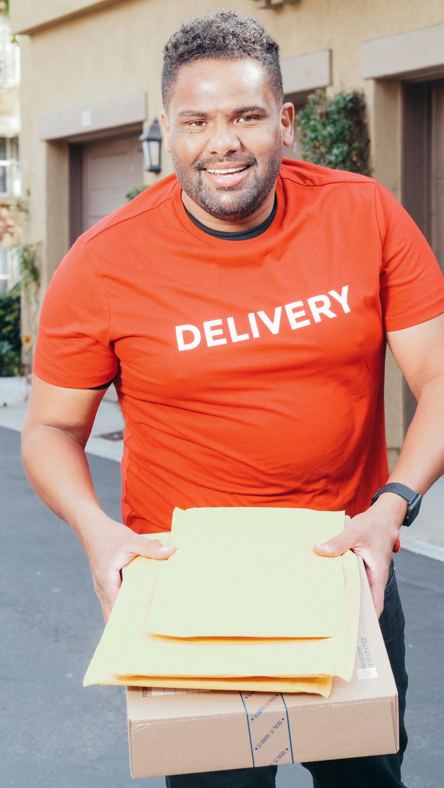 A cheerful delivery person in a red shirt holding packages and envelopes outdoors.